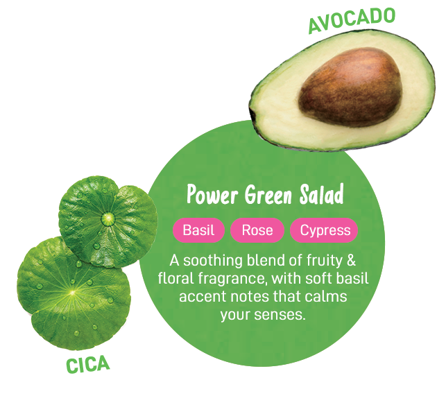 Power Green Salad | Basil | Rose | Cypress | For a calming fruity & floral fragrance, with soft basil accent notes that makes you want to take a deep breath of. | Cica | Avocado
