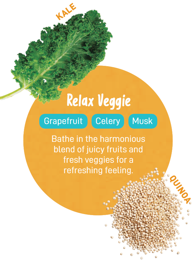 Relax Veggie | Grapefruit | Celery | Musk | Bathe in the harmonious blend of juicy fruits and fresh veggies for a refreshing feeling. | Kale | Quinoa